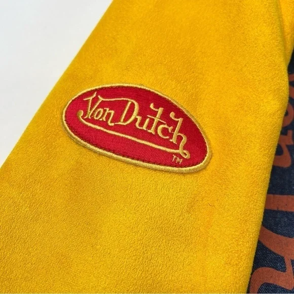 RARE Vintage Von Dutch Y2K Pink & Yellow Suede Blue Denim Faux Fur Bomber Jacket - Picture 7 of 16